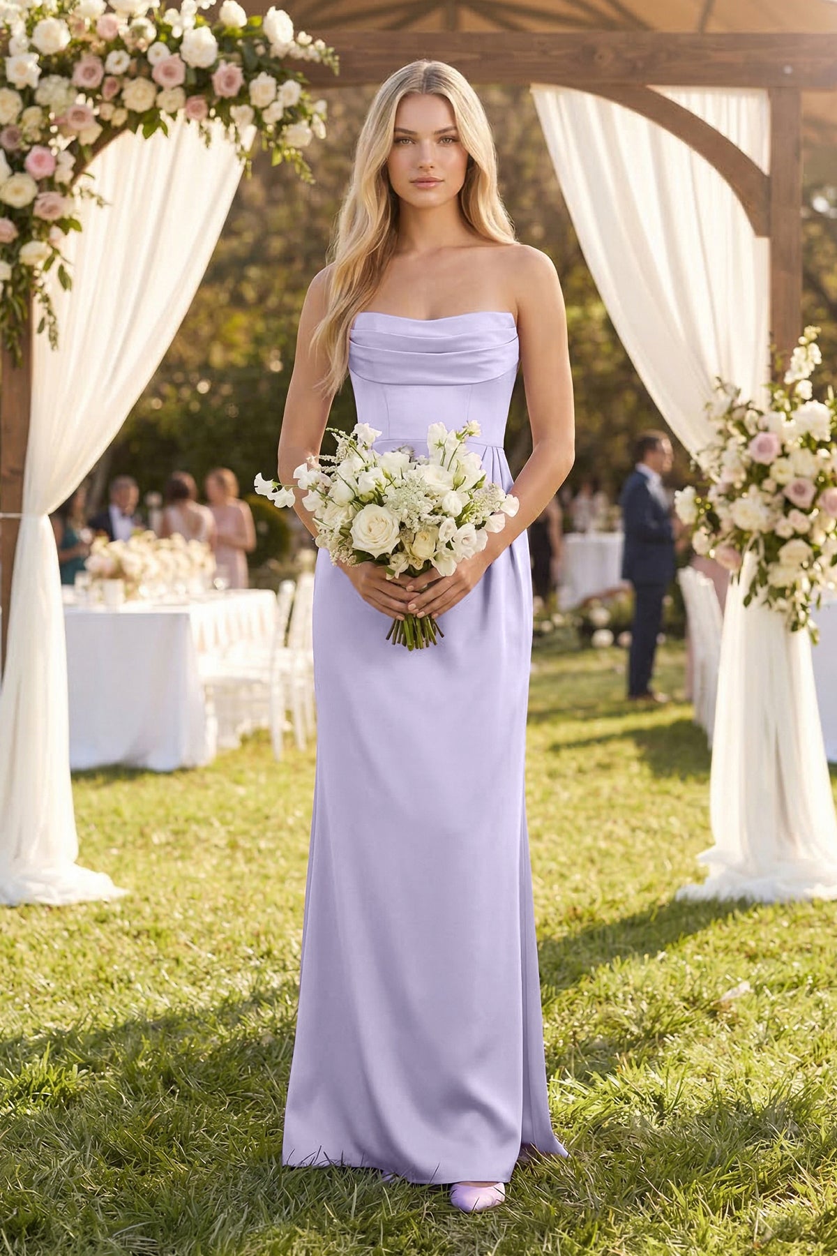 KissProm Cowl Neck Sheath Satin Bridesmaid Dress With Detachable Sleeves in Lavender, Lavender / 6
