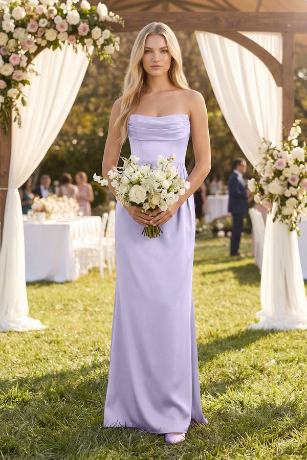 lavender floral bridesmaid dresses Cowl Neck Sheath Satin Bridesmaid Dress With Detachable Sleeves in Lavender
