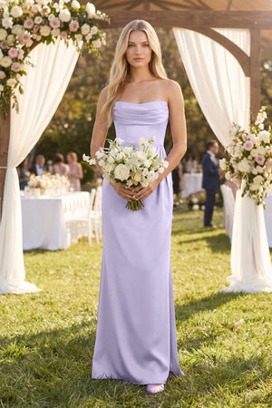 Cowl Neck Sheath Satin Bridesmaid Dress With Detachable Sleeves in Lavender - KissProm Bridesmaid Dresses