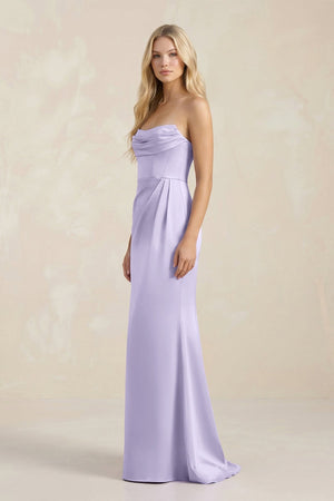 Cowl Neck Sheath Satin Bridesmaid Dress With Detachable Sleeves in Lavender - KissProm Bridesmaid Dresses