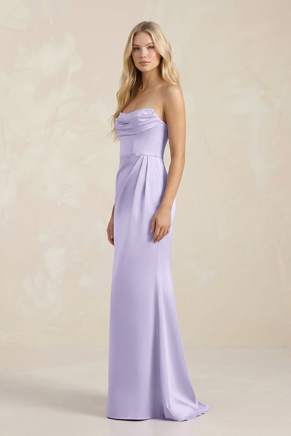 Cowl Neck Sheath Satin Bridesmaid Dress With Detachable Sleeves in Lavender - KissProm Bridesmaid Dresses