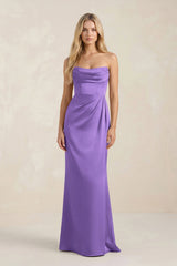 Cowl Neck Sheath Satin Bridesmaid Dress With Detachable Sleeves in Lilac - KissProm Bridesmaid Dresses