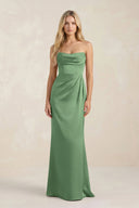 Cowl Neck Sheath Satin Bridesmaid Dress With Detachable Sleeves in Matcha - KissProm Bridesmaid Dresses