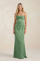 Cowl Neck Sheath Satin Bridesmaid Dress With Detachable Sleeves in Matcha - KissProm Bridesmaid Dresses