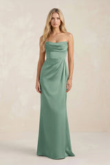 Cowl Neck Sheath Satin Bridesmaid Dress With Detachable Sleeves in Mint Green - KissProm Bridesmaid Dresses