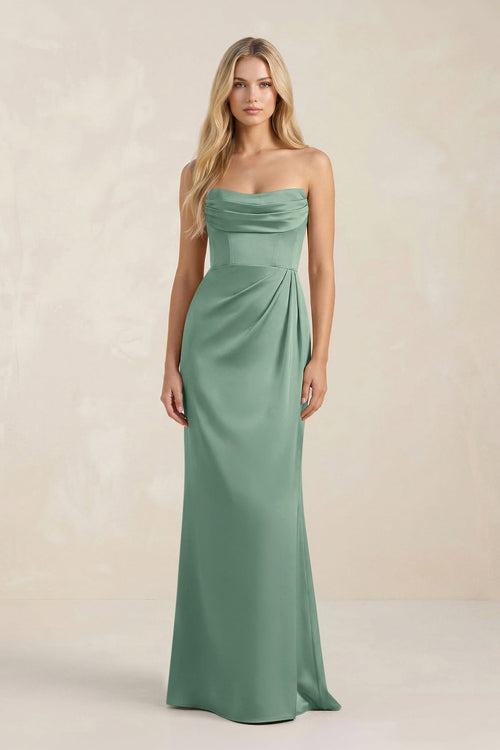 Cowl Neck Sheath Satin Bridesmaid Dress With Detachable Sleeves in Mint Green - KissProm Bridesmaid Dresses