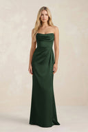 Cowl Neck Sheath Satin Bridesmaid Dress With Detachable Sleeves in Moss - KissProm Bridesmaid Dresses