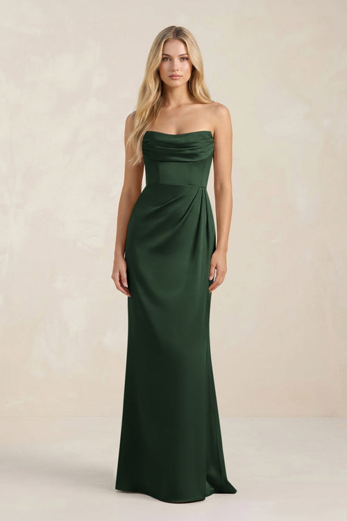 Cowl Neck Sheath Satin Bridesmaid Dress With Detachable Sleeves in Moss - KissProm Bridesmaid Dresses