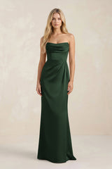 Cowl Neck Sheath Satin Bridesmaid Dress With Detachable Sleeves in Moss - KissProm Bridesmaid Dresses