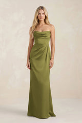Cowl Neck Sheath Satin Bridesmaid Dress With Detachable Sleeves in Moss Green - KissProm Bridesmaid Dresses