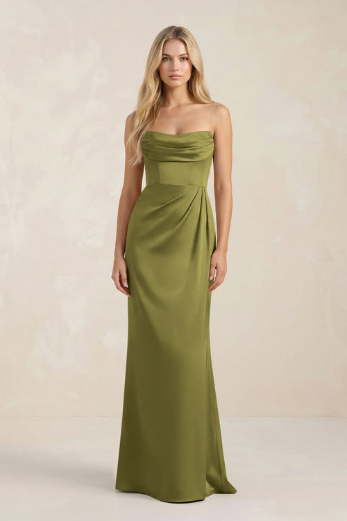 Cowl Neck Sheath Satin Bridesmaid Dress With Detachable Sleeves in Moss Green - KissProm Bridesmaid Dresses