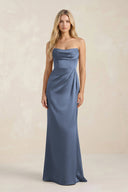 Cowl Neck Sheath Satin Bridesmaid Dress With Detachable Sleeves in Neptune - KissProm Bridesmaid Dresses