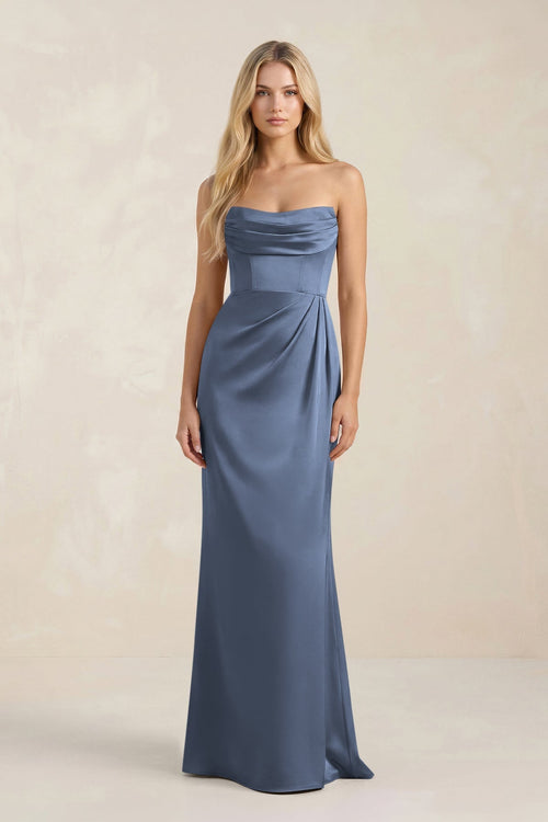 Cowl Neck Sheath Satin Bridesmaid Dress With Detachable Sleeves in Neptune - KissProm Bridesmaid Dresses