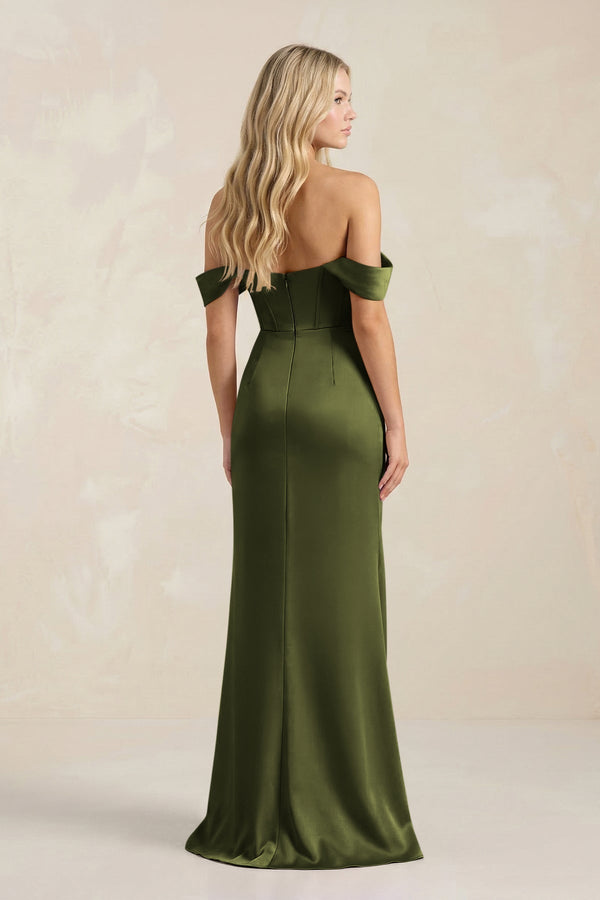 Cowl Neck Sheath Satin Bridesmaid Dress With Detachable Sleeves in Olive - KissProm Bridesmaid Dresses