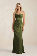 Cowl Neck Sheath Satin Bridesmaid Dress With Detachable Sleeves in Olive - KissProm Bridesmaid Dresses