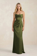 Cowl Neck Sheath Satin Bridesmaid Dress With Detachable Sleeves in Olive - KissProm Bridesmaid Dresses