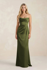 Cowl Neck Sheath Satin Bridesmaid Dress With Detachable Sleeves in Olive - KissProm Bridesmaid Dresses