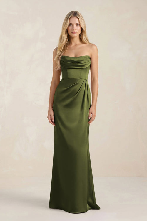 Cowl Neck Sheath Satin Bridesmaid Dress With Detachable Sleeves in Olive - KissProm Bridesmaid Dresses