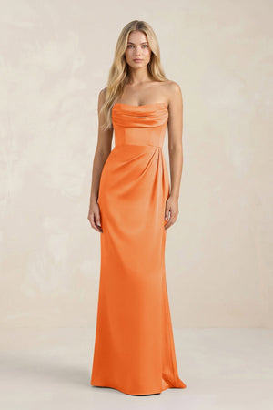 Cowl Neck Sheath Satin Bridesmaid Dress With Detachable Sleeves in Orange - KissProm Bridesmaid Dresses