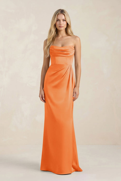 Cowl Neck Sheath Satin Bridesmaid Dress With Detachable Sleeves in Orange - KissProm Bridesmaid Dresses