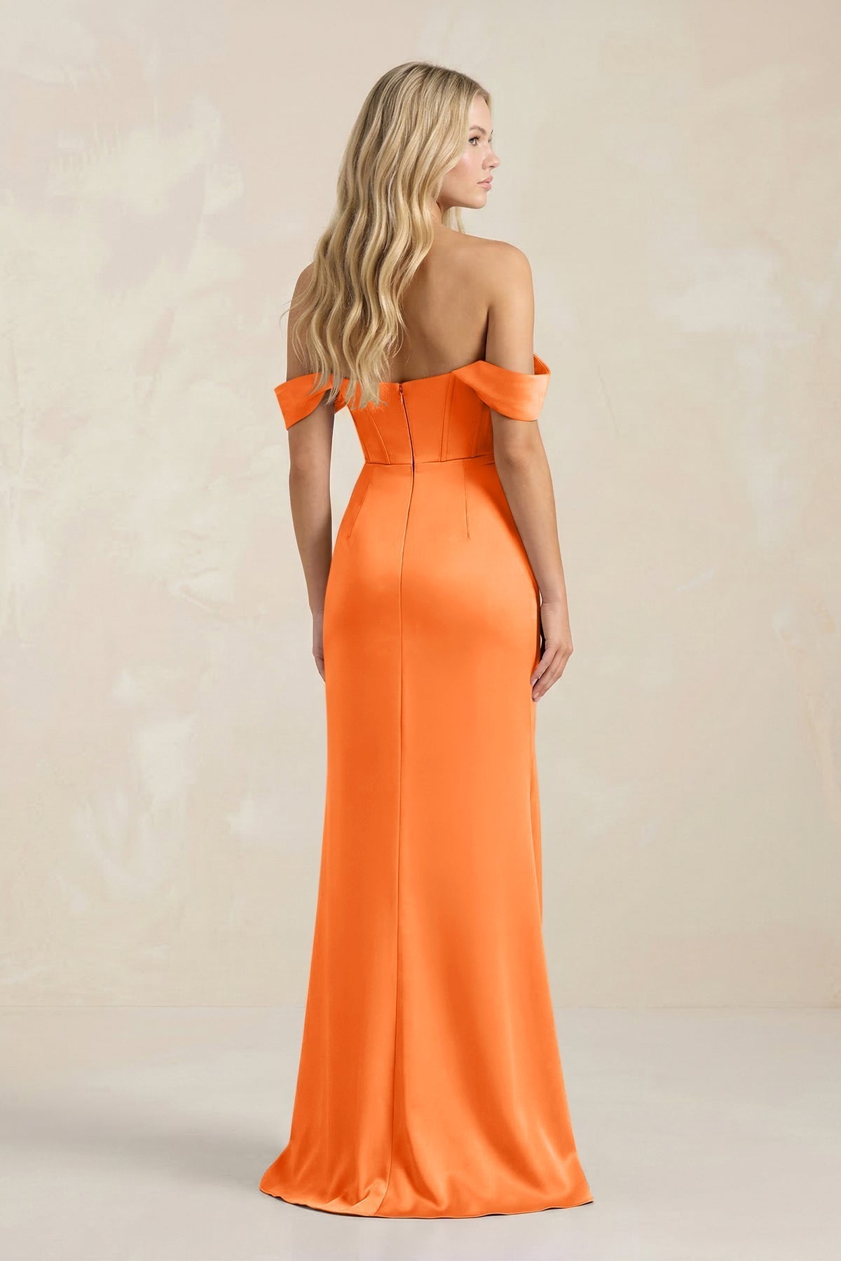 KissProm Cowl Neck Sheath Satin Bridesmaid Dress With Detachable Sleeves in Orange, Orange / 2