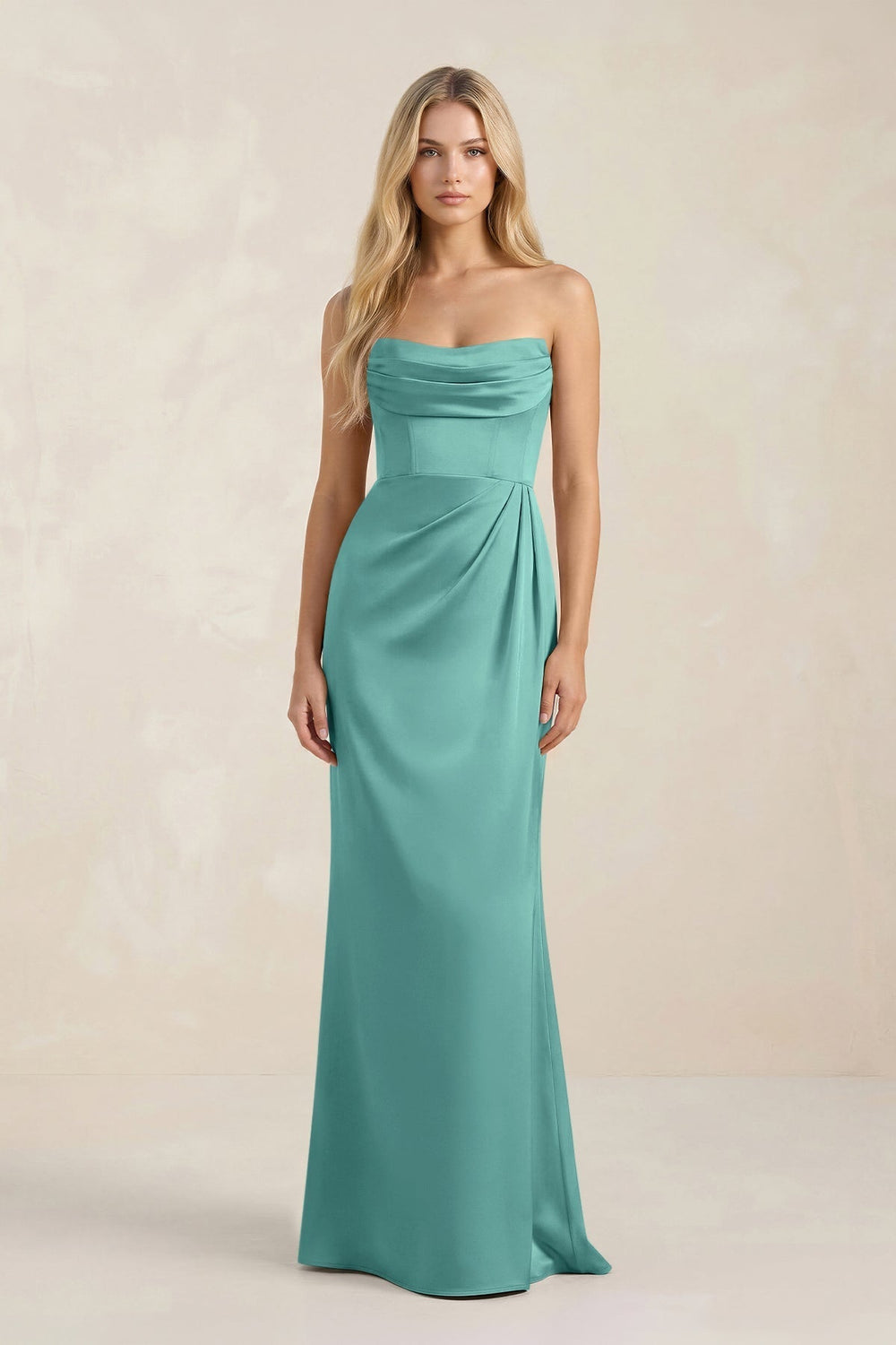 Cowl Neck Sheath Satin Bridesmaid Dress With Detachable Sleeves in Pale Pistachio - KissProm Bridesmaid Dresses
