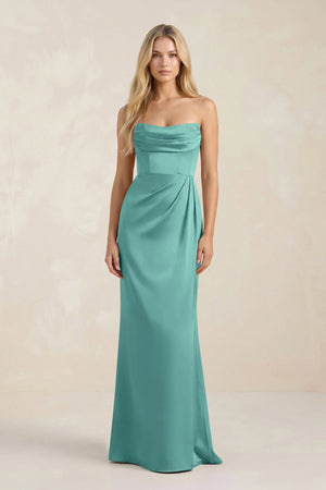 Cowl Neck Sheath Satin Bridesmaid Dress With Detachable Sleeves in Pale Pistachio - KissProm Bridesmaid Dresses