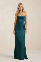 Cowl Neck Sheath Satin Bridesmaid Dress With Detachable Sleeves in Pine - KissProm Bridesmaid Dresses