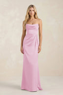 Cowl Neck Sheath Satin Bridesmaid Dress With Detachable Sleeves in Pink - KissProm Bridesmaid Dresses