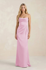 Cowl Neck Sheath Satin Bridesmaid Dress With Detachable Sleeves in Pink - KissProm Bridesmaid Dresses