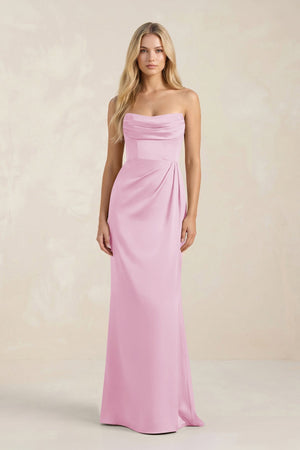 Cowl Neck Sheath Satin Bridesmaid Dress With Detachable Sleeves in Pink - KissProm Bridesmaid Dresses