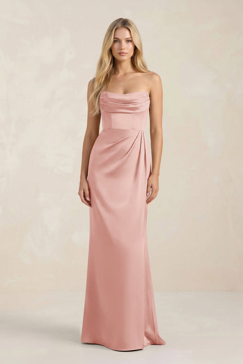 Cowl Neck Sheath Satin Bridesmaid Dress With Detachable Sleeves in Rose Petal - KissProm Bridesmaid Dresses