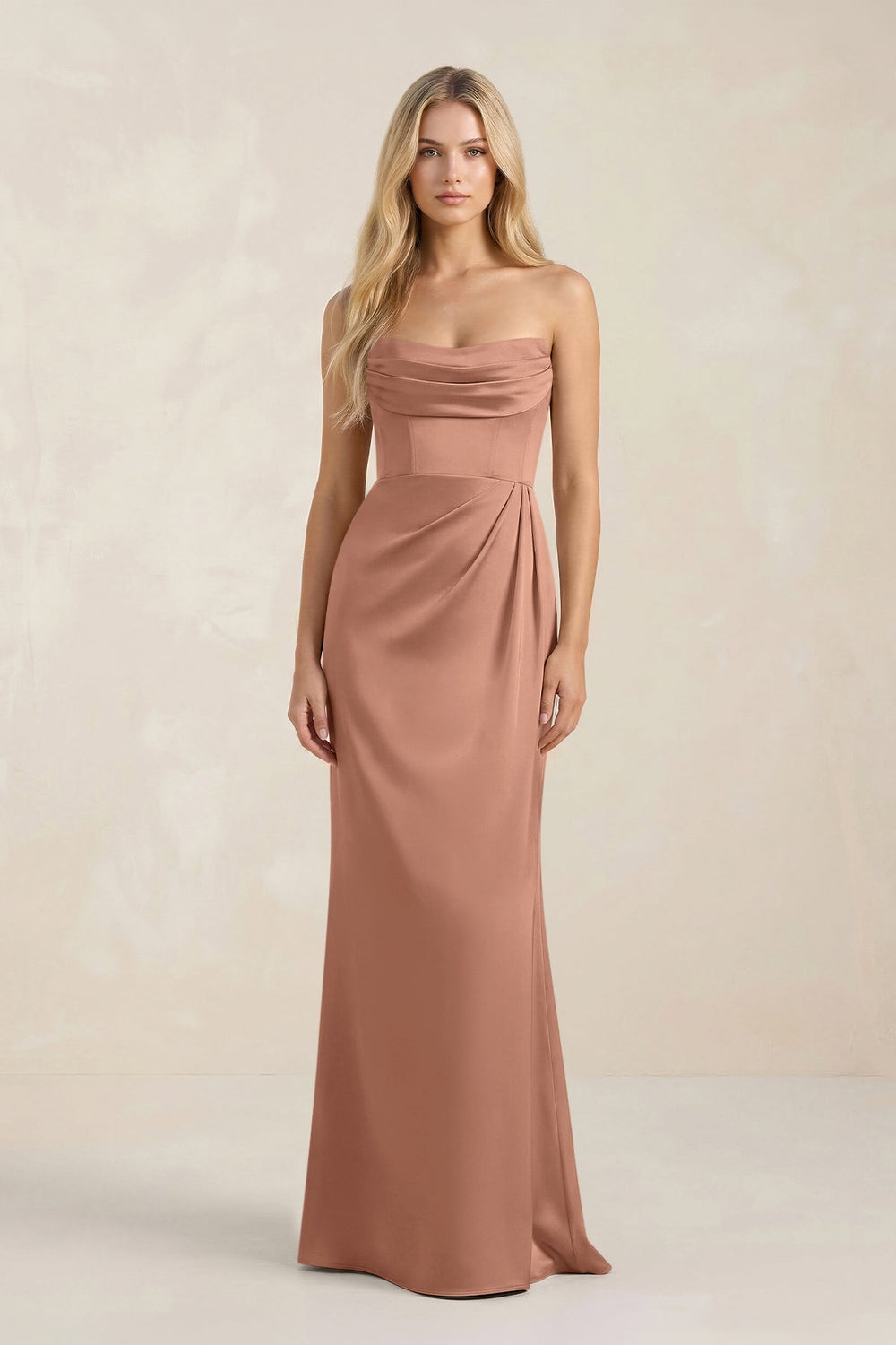 Cowl Neck Sheath Satin Bridesmaid Dress With Detachable Sleeves in Rosette - KissProm Bridesmaid Dresses