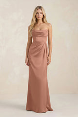 Cowl Neck Sheath Satin Bridesmaid Dress With Detachable Sleeves in Rosette - KissProm Bridesmaid Dresses