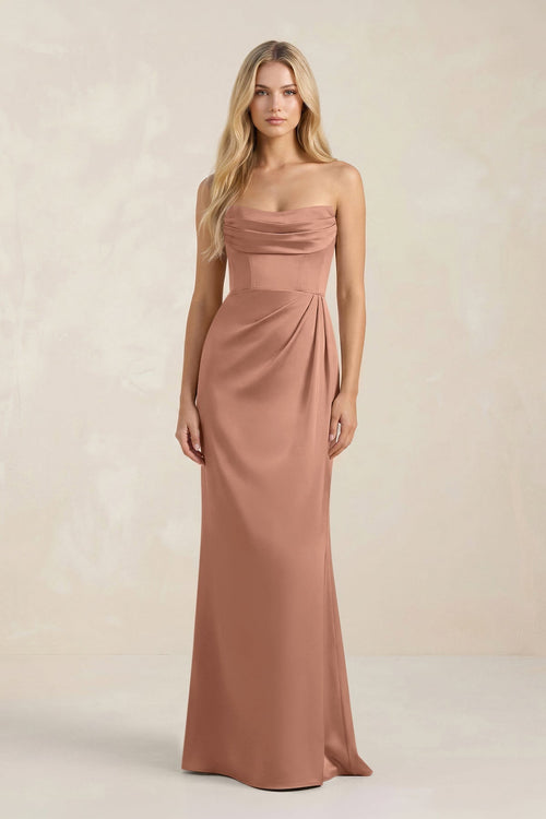 Cowl Neck Sheath Satin Bridesmaid Dress With Detachable Sleeves in Rosette - KissProm Bridesmaid Dresses