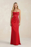Cowl Neck Sheath Satin Bridesmaid Dress With Detachable Sleeves in Ruby Red - KissProm Bridesmaid Dresses