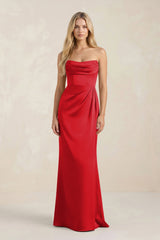 Cowl Neck Sheath Satin Bridesmaid Dress With Detachable Sleeves in Ruby Red - KissProm Bridesmaid Dresses