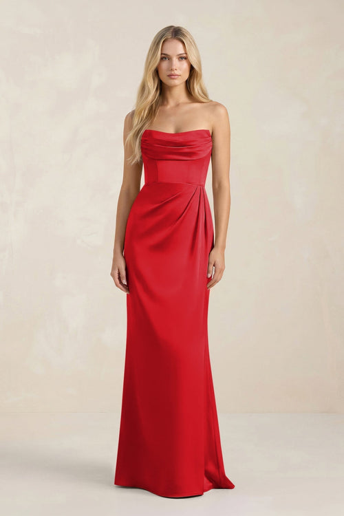 Cowl Neck Sheath Satin Bridesmaid Dress With Detachable Sleeves in Ruby Red - KissProm Bridesmaid Dresses