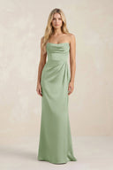 Cowl Neck Sheath Satin Bridesmaid Dress With Detachable Sleeves in Sage - KissProm Bridesmaid Dresses