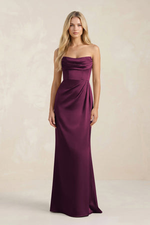 Cowl Neck Sheath Satin Bridesmaid Dress With Detachable Sleeves in Sangria - KissProm Bridesmaid Dresses