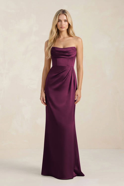 Cowl Neck Sheath Satin Bridesmaid Dress With Detachable Sleeves in Sangria - KissProm Bridesmaid Dresses