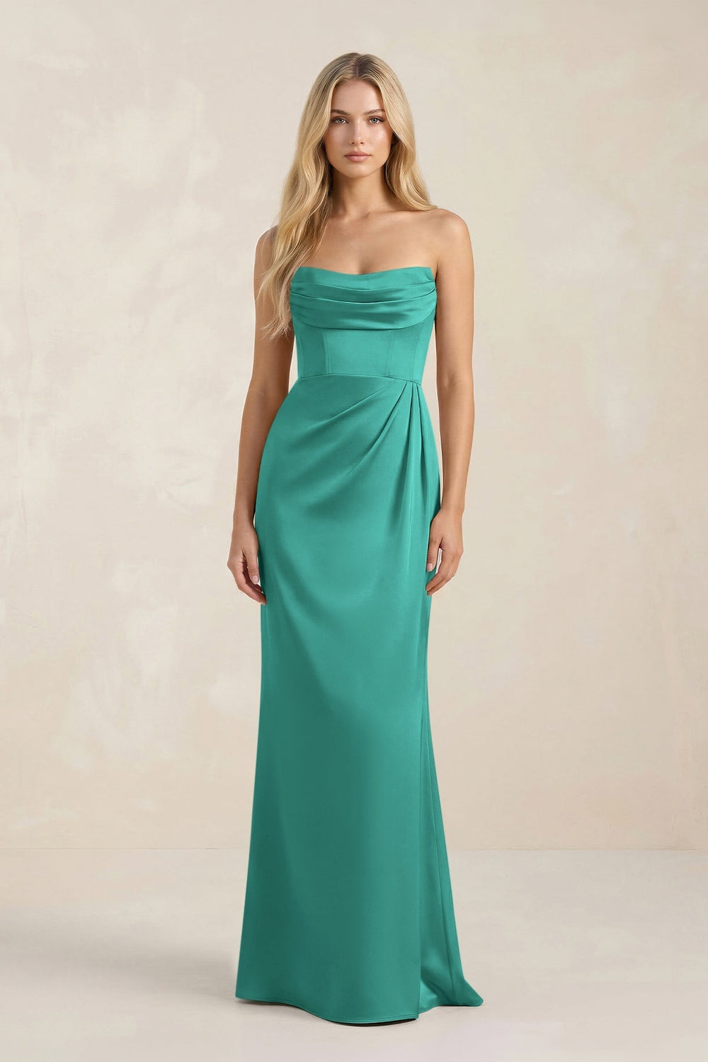 Cowl Neck Sheath Satin Bridesmaid Dress With Detachable Sleeves in Sea Glass - KissProm Bridesmaid Dresses
