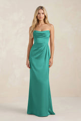 Cowl Neck Sheath Satin Bridesmaid Dress With Detachable Sleeves in Sea Glass - KissProm Bridesmaid Dresses