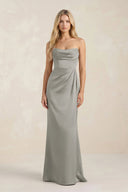 Cowl Neck Sheath Satin Bridesmaid Dress With Detachable Sleeves in Silver - KissProm Bridesmaid Dresses