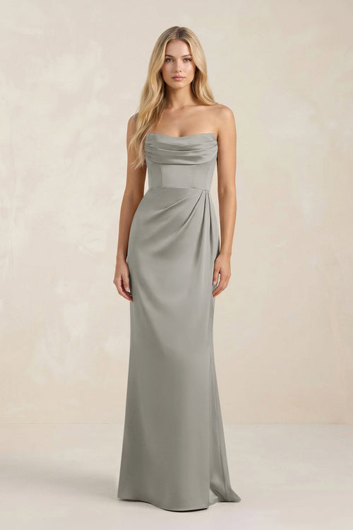 Cowl Neck Sheath Satin Bridesmaid Dress With Detachable Sleeves in Silver - KissProm Bridesmaid Dresses