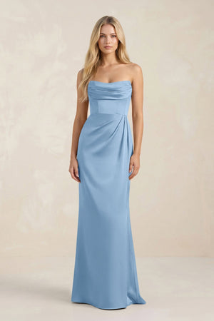Cowl Neck Sheath Satin Bridesmaid Dress With Detachable Sleeves in Sky Blue - KissProm Bridesmaid Dresses