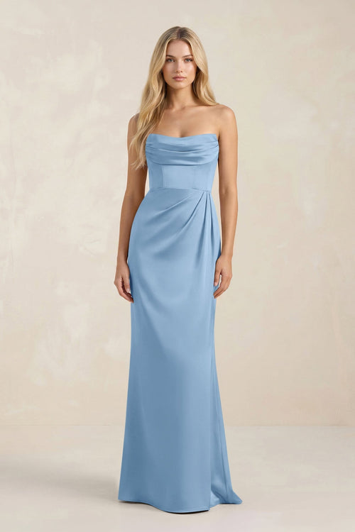 Cowl Neck Sheath Satin Bridesmaid Dress With Detachable Sleeves in Sky Blue - KissProm Bridesmaid Dresses