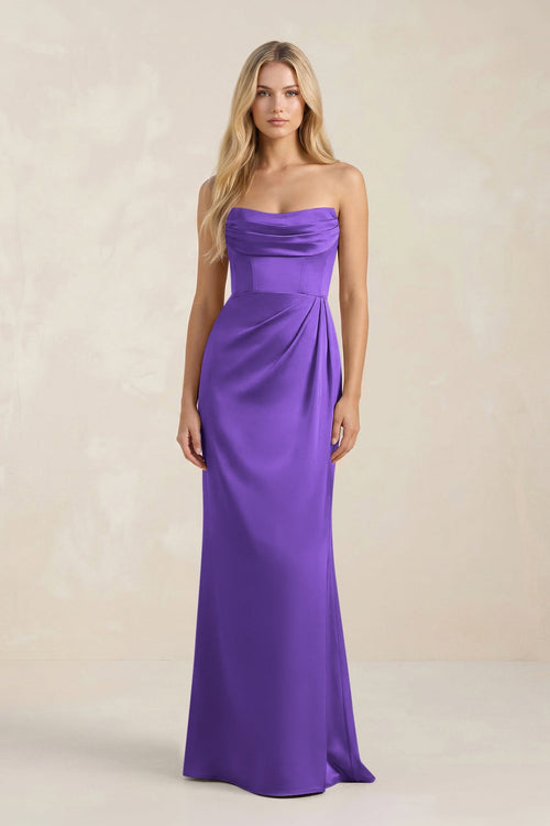 Cowl Neck Sheath Satin Bridesmaid Dress With Detachable Sleeves in Tahiti - KissProm Bridesmaid Dresses