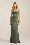 Cowl Neck Sheath Satin Bridesmaid Dress With Detachable Sleeves in Thyme - KissProm Bridesmaid Dresses