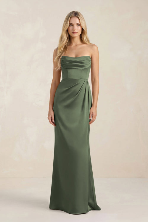 Cowl Neck Sheath Satin Bridesmaid Dress With Detachable Sleeves in Thyme - KissProm Bridesmaid Dresses